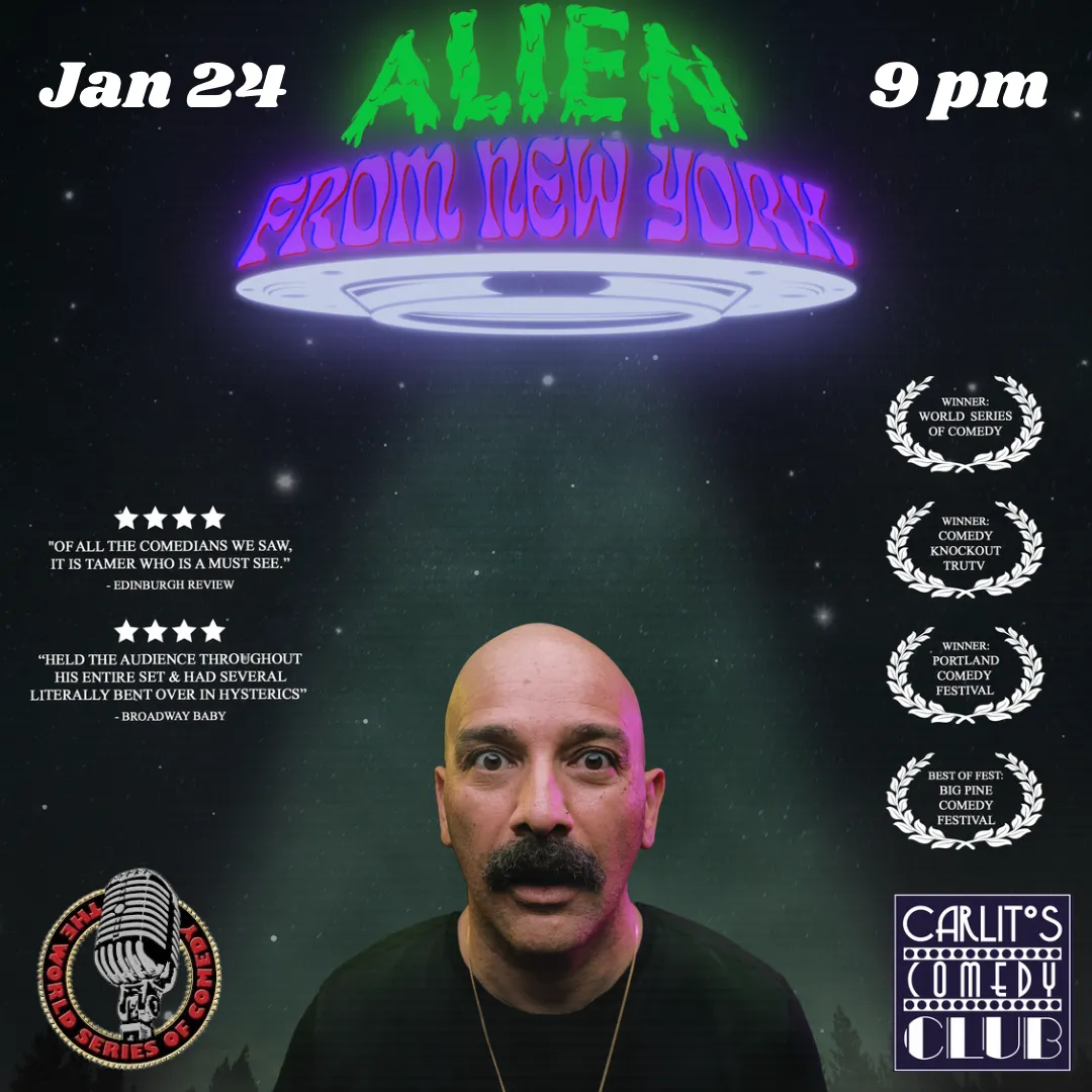 Image showing faces of comedians, and information about the comedy show