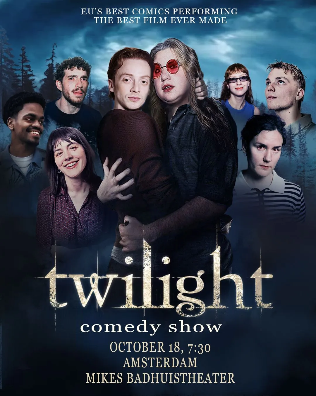 Image showing faces of comedians, and information about the comedy show