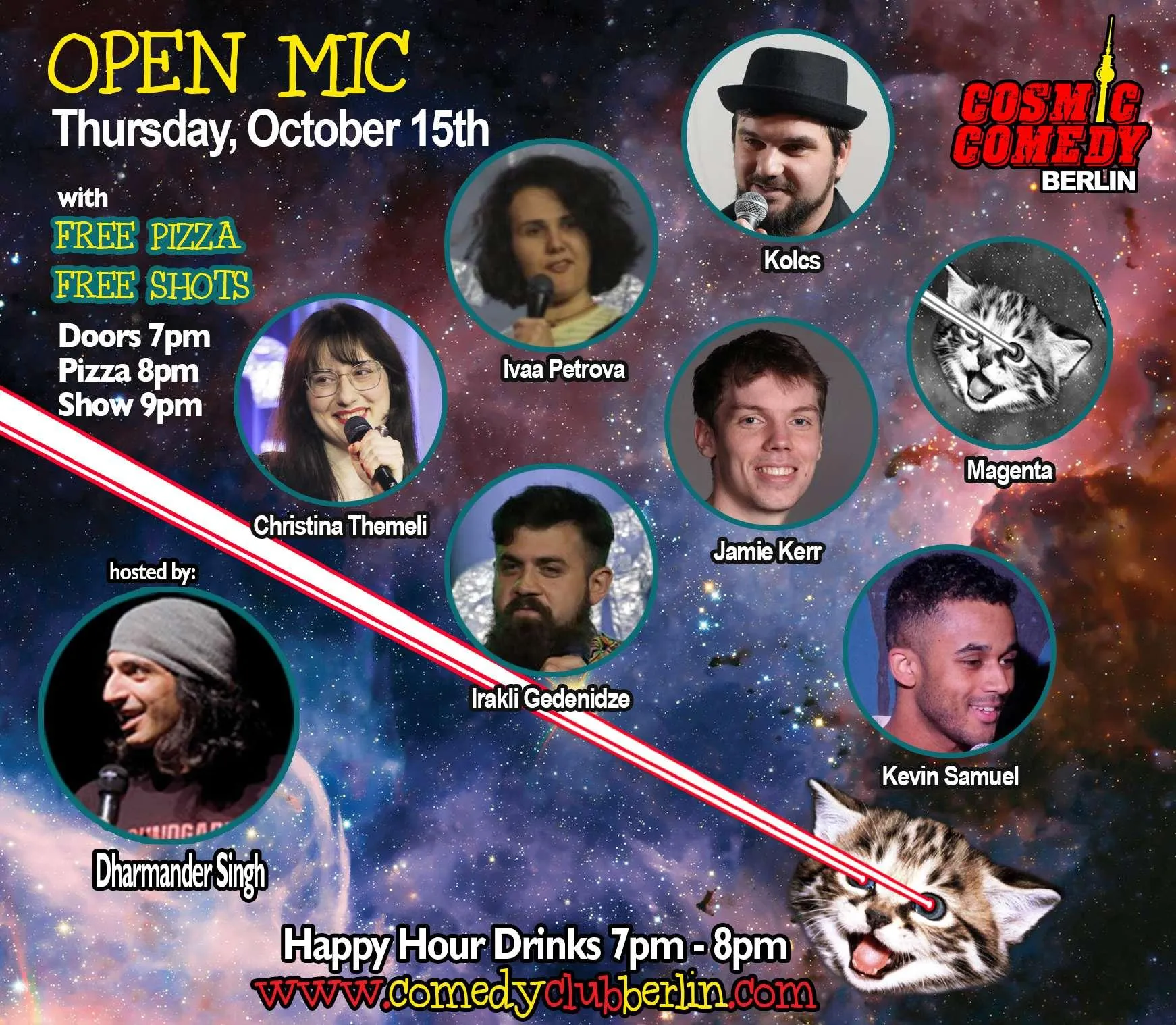 Image showing faces of comedians, and information about the comedy show