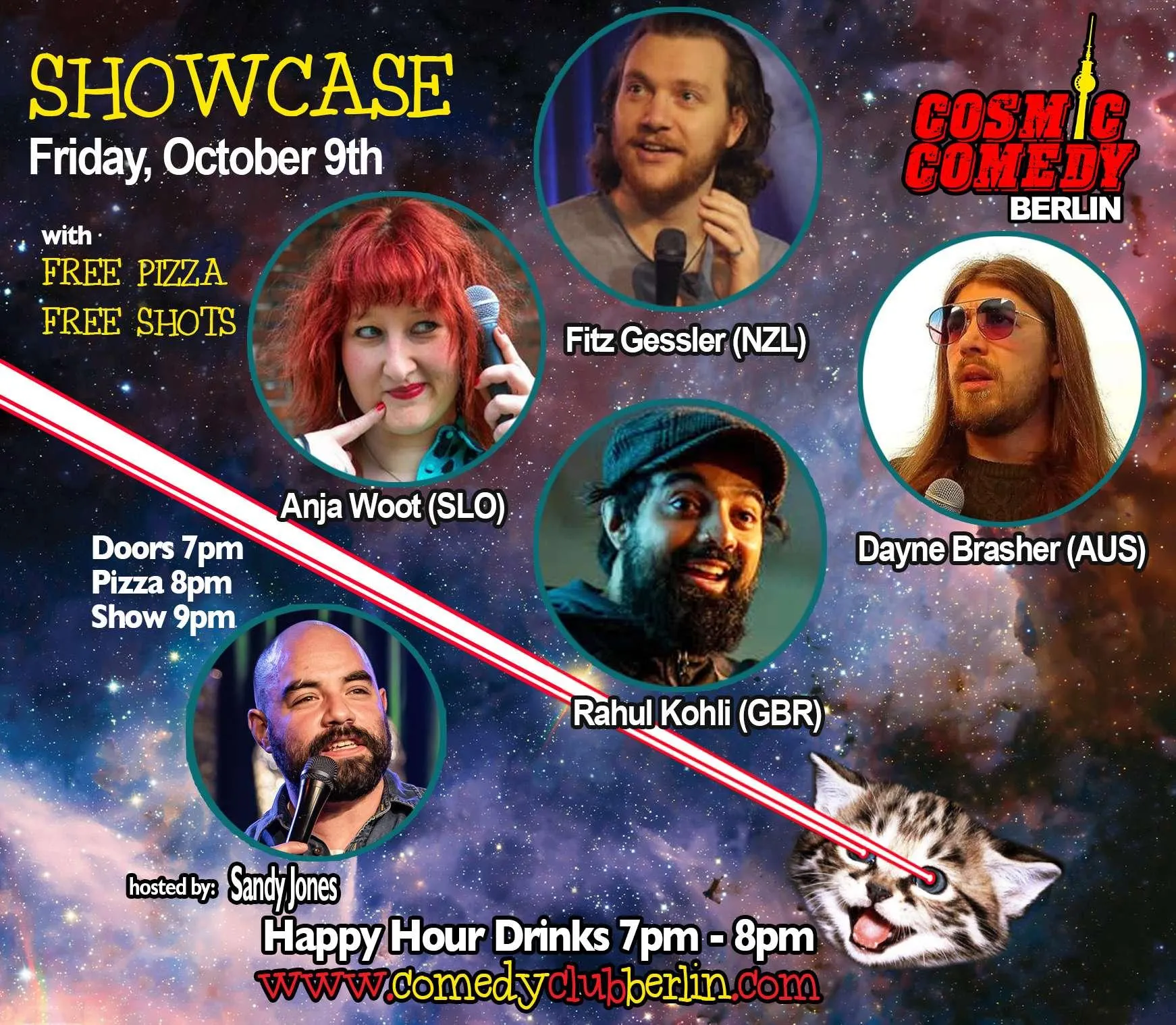 Image showing faces of comedians, and information about the comedy show