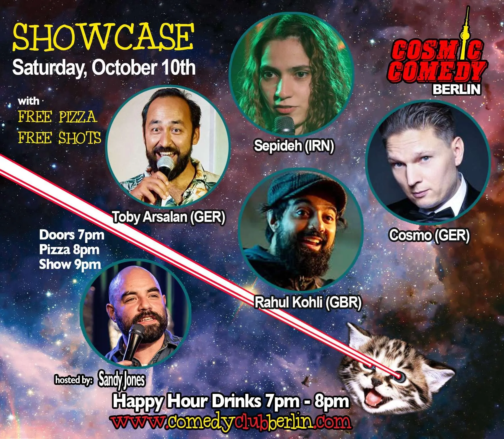 Image showing faces of comedians, and information about the comedy show