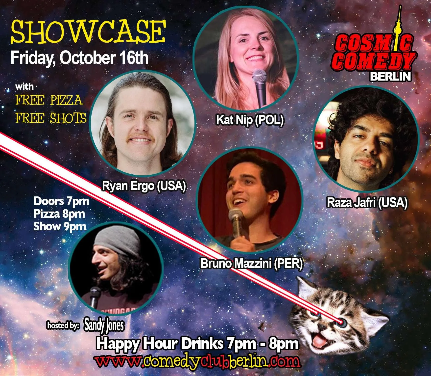 Image showing faces of comedians, and information about the comedy show