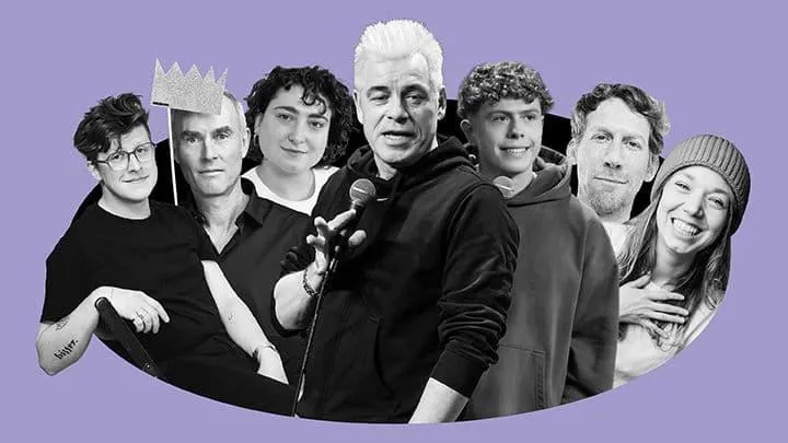 Image showing faces of comedians, and information about the comedy show